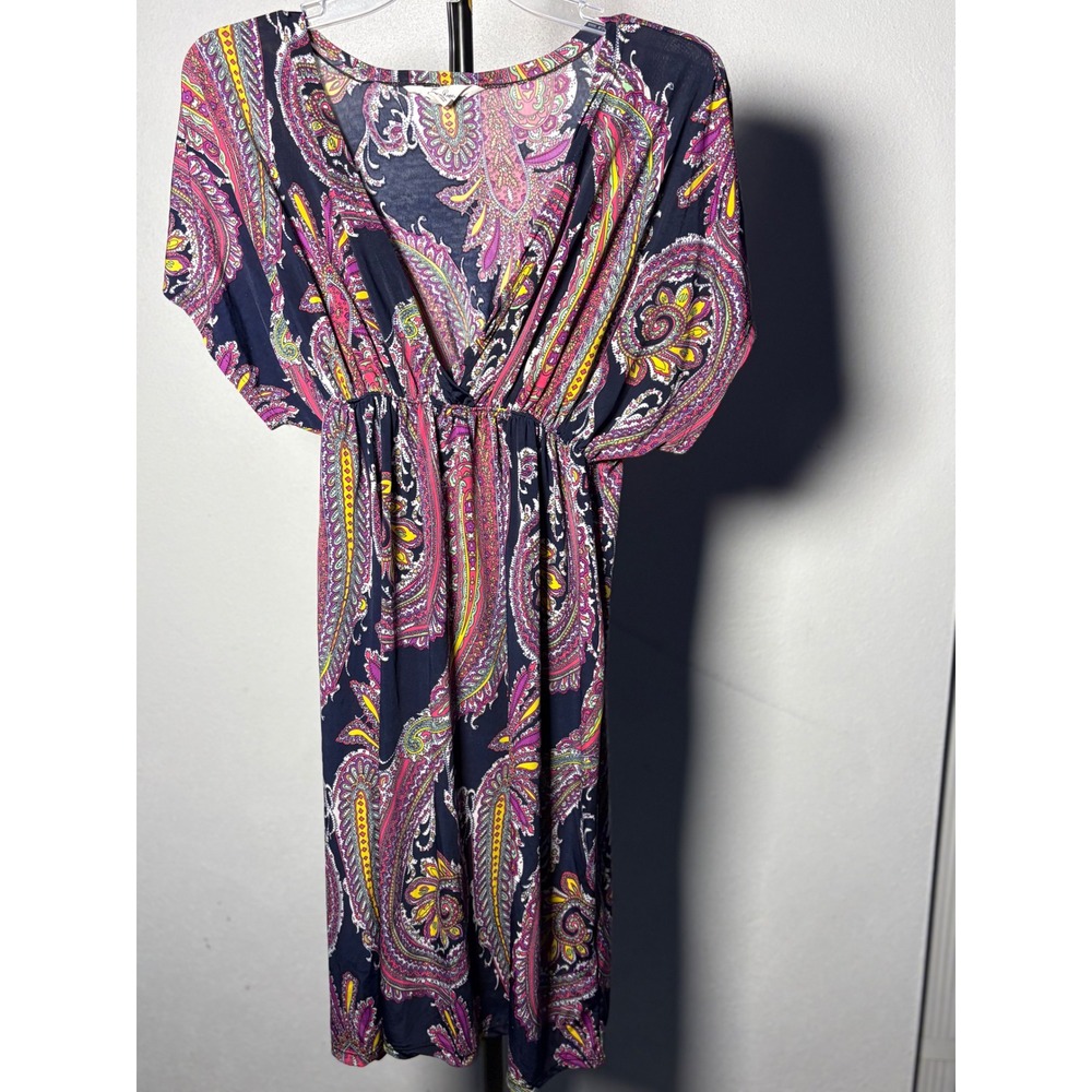 5th Love Paisley V-Neck Empire Waist Mini Dress Navy Pink Yellow Large